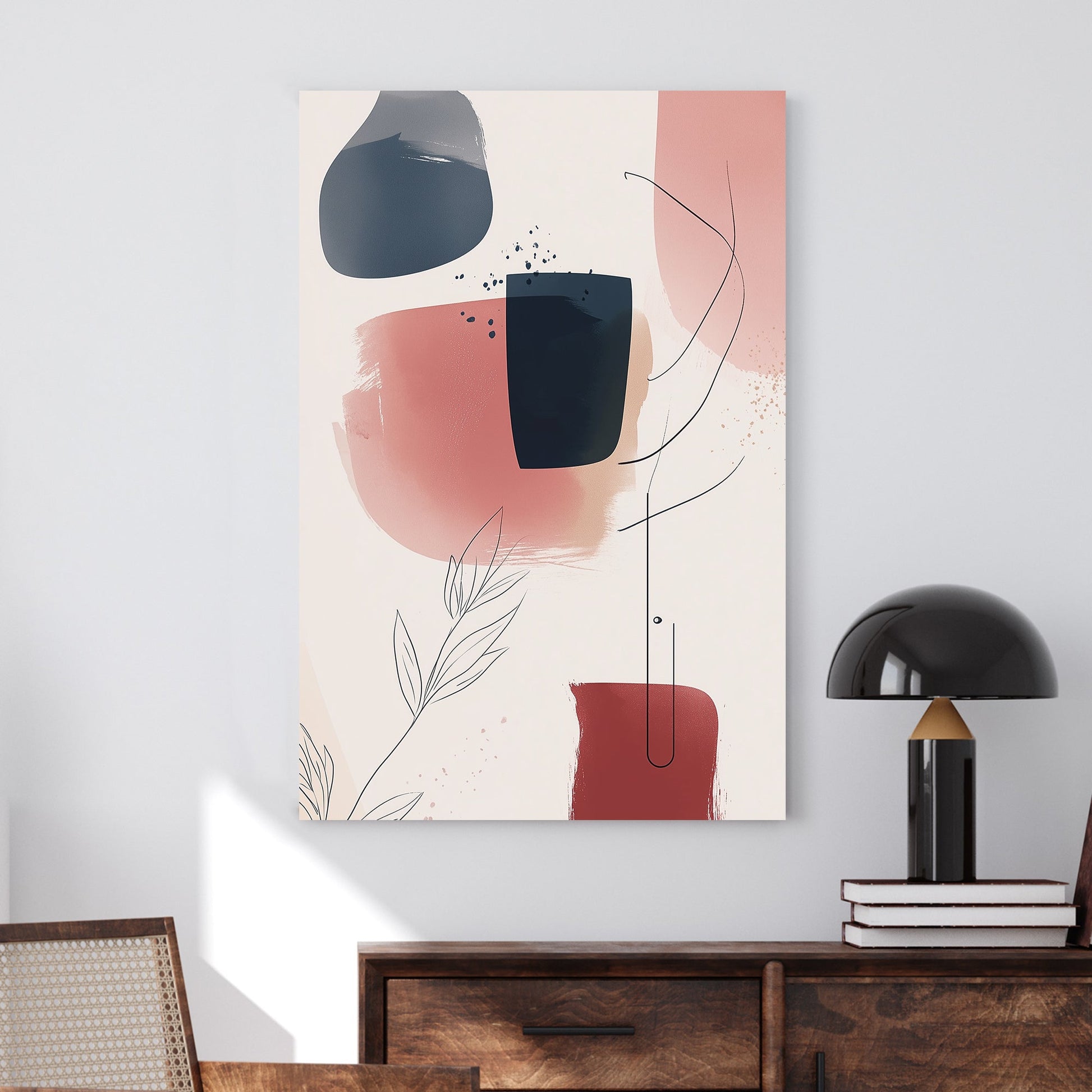 A modern abstract wall art print featuring navy, beige, and terracotta brushstrokes with fine linear botanical details, creating a serene and sophisticated aesthetic