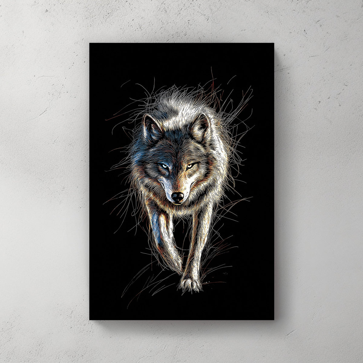 A highly detailed digital illustration of a lone wolf with glowing eyes, set against a deep black background, creating a striking contrast