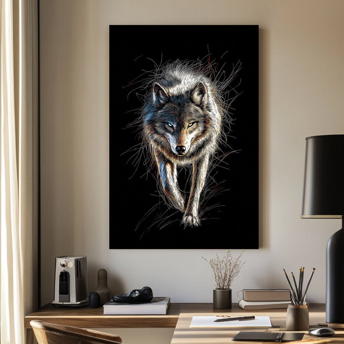 A highly detailed digital illustration of a lone wolf with glowing eyes, set against a deep black background, creating a striking contrast