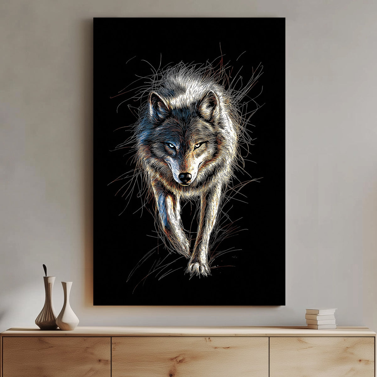 A highly detailed digital illustration of a lone wolf with glowing eyes, set against a deep black background, creating a striking contrast