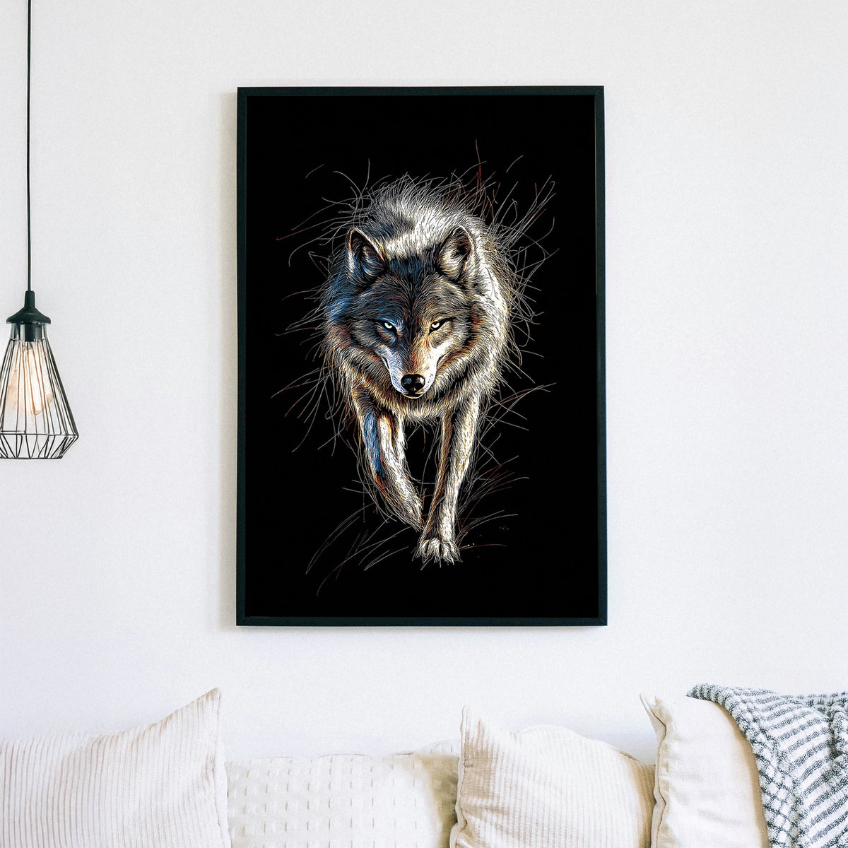 A highly detailed digital illustration of a lone wolf with glowing eyes, set against a deep black background, creating a striking contrast