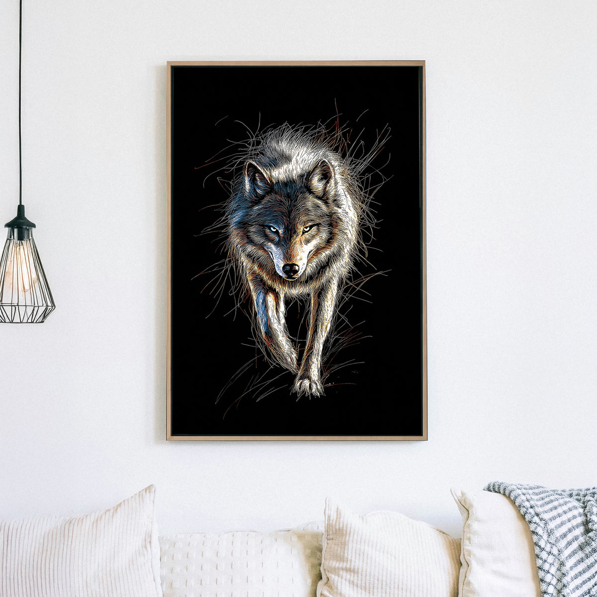 A highly detailed digital illustration of a lone wolf with glowing eyes, set against a deep black background, creating a striking contrast
