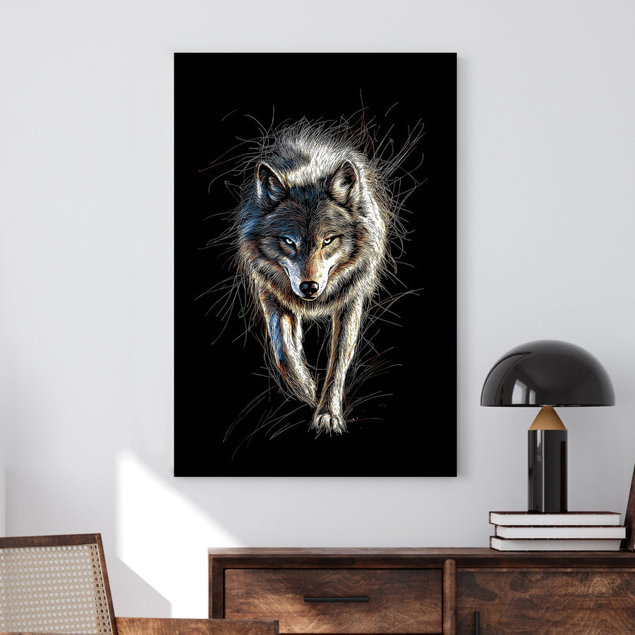 A highly detailed digital illustration of a lone wolf with glowing eyes, set against a deep black background, creating a striking contrast