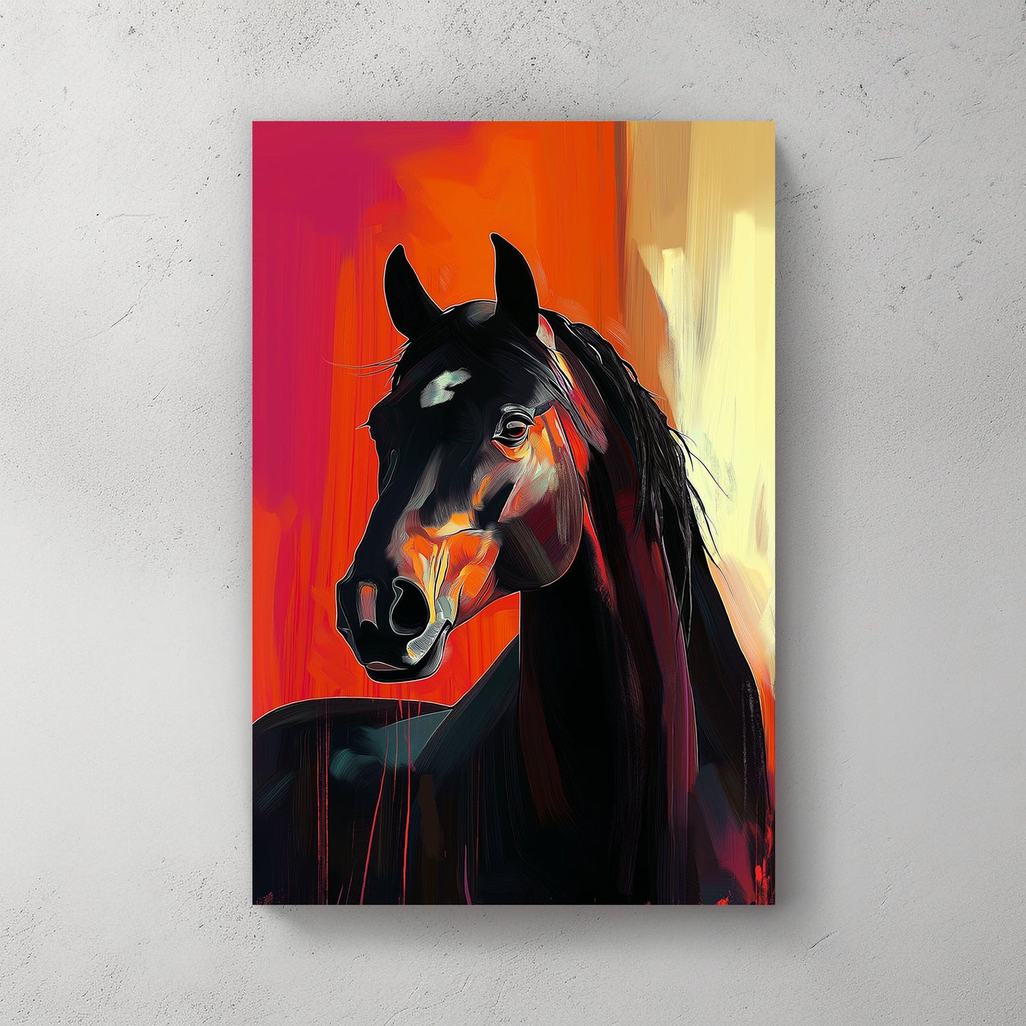 A striking digital wall art print of a black stallion with fiery orange highlights, standing against a dramatic red and yellow backdrop