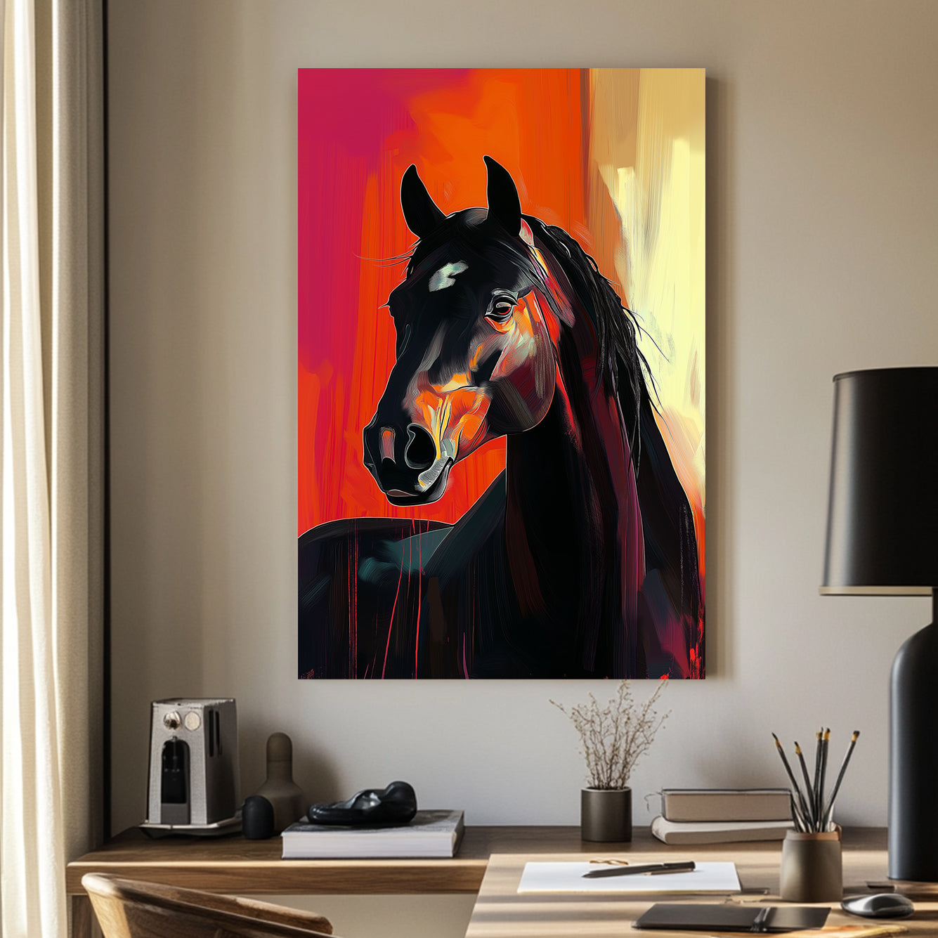 A striking digital wall art print of a black stallion with fiery orange highlights, standing against a dramatic red and yellow backdrop