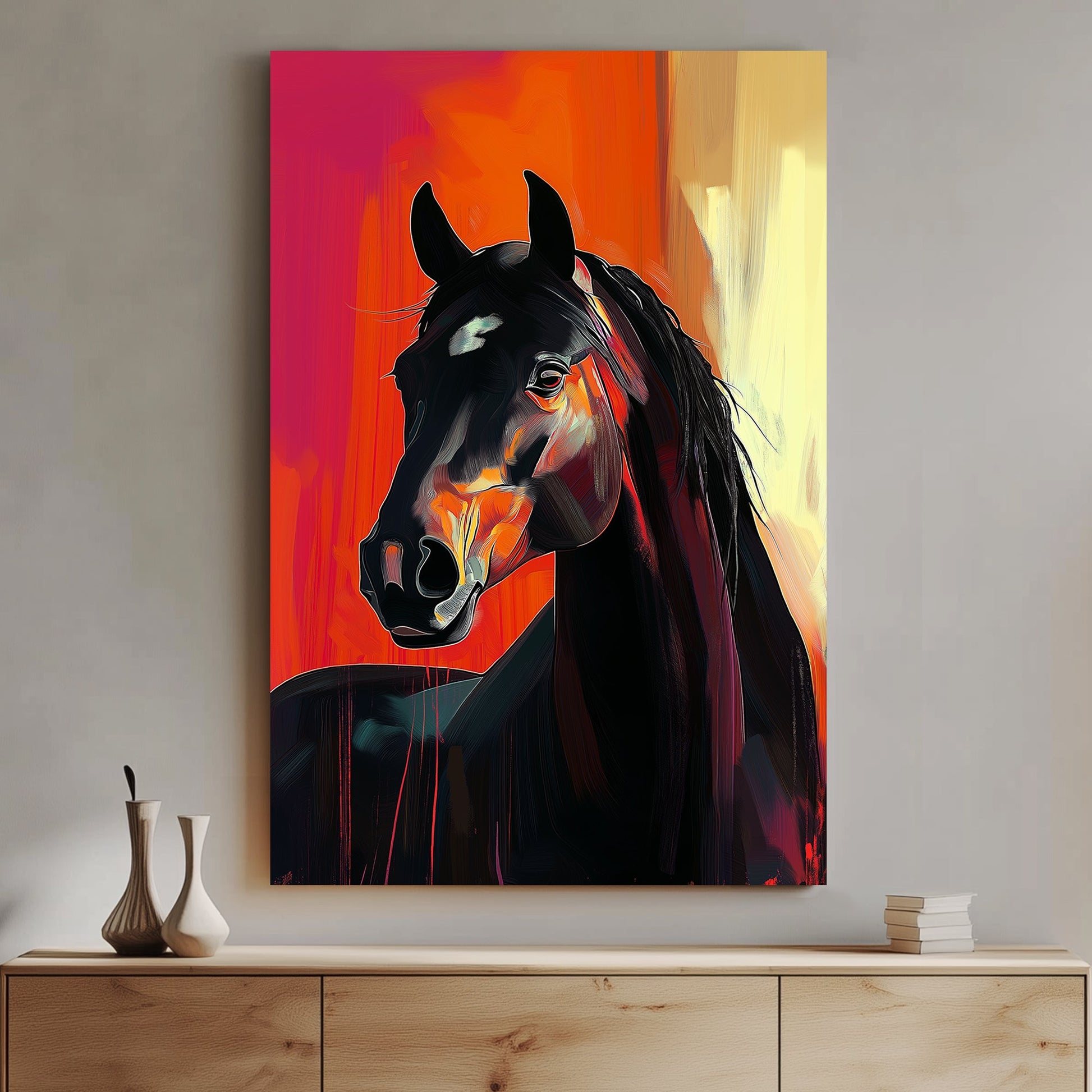 A striking digital wall art print of a black stallion with fiery orange highlights, standing against a dramatic red and yellow backdrop