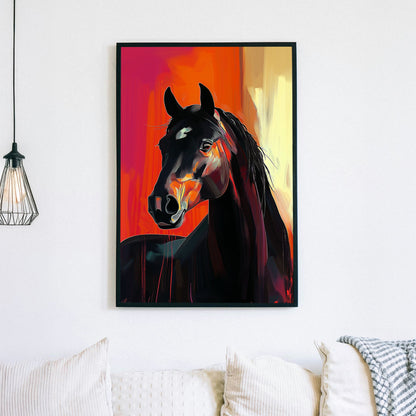 A striking digital wall art print of a black stallion with fiery orange highlights, standing against a dramatic red and yellow backdrop