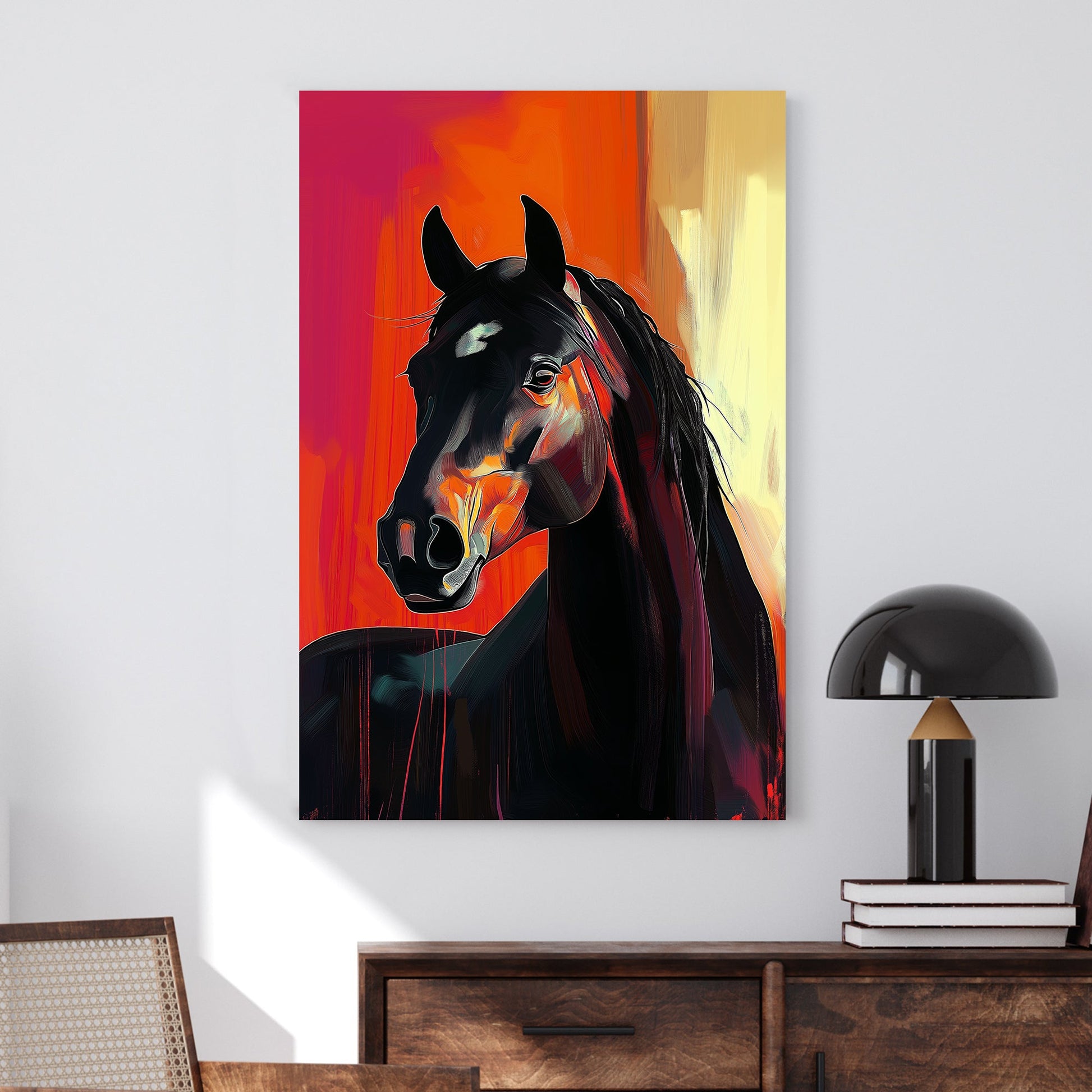 A striking digital wall art print of a black stallion with fiery orange highlights, standing against a dramatic red and yellow backdrop