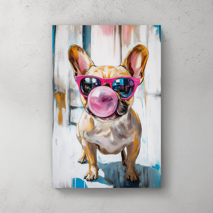 A fun and vibrant wall art print of a French Bulldog wearing pink sunglasses and blowing a large bubblegum bubble, set against an abstract blue and white background