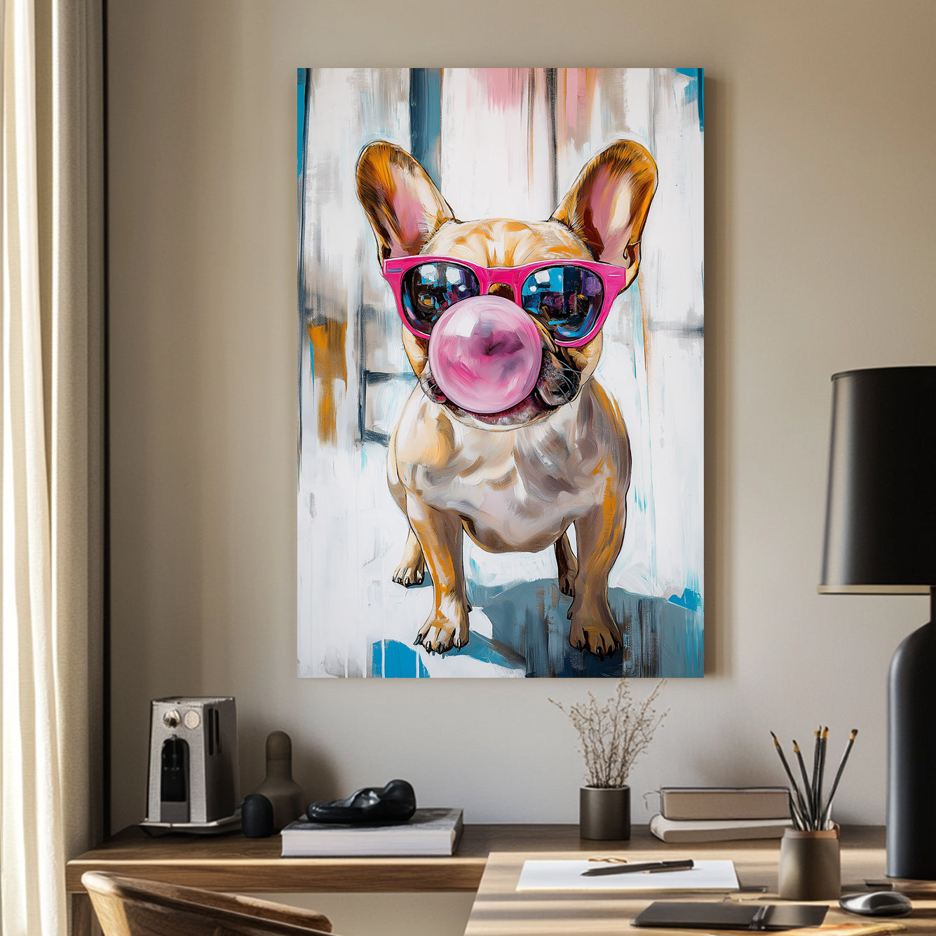 A fun and vibrant wall art print of a French Bulldog wearing pink sunglasses and blowing a large bubblegum bubble, set against an abstract blue and white background