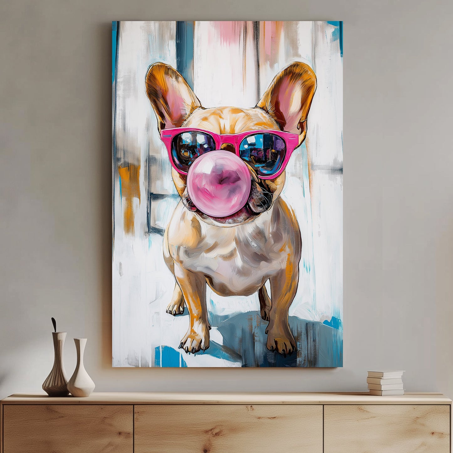 A fun and vibrant wall art print of a French Bulldog wearing pink sunglasses and blowing a large bubblegum bubble, set against an abstract blue and white background