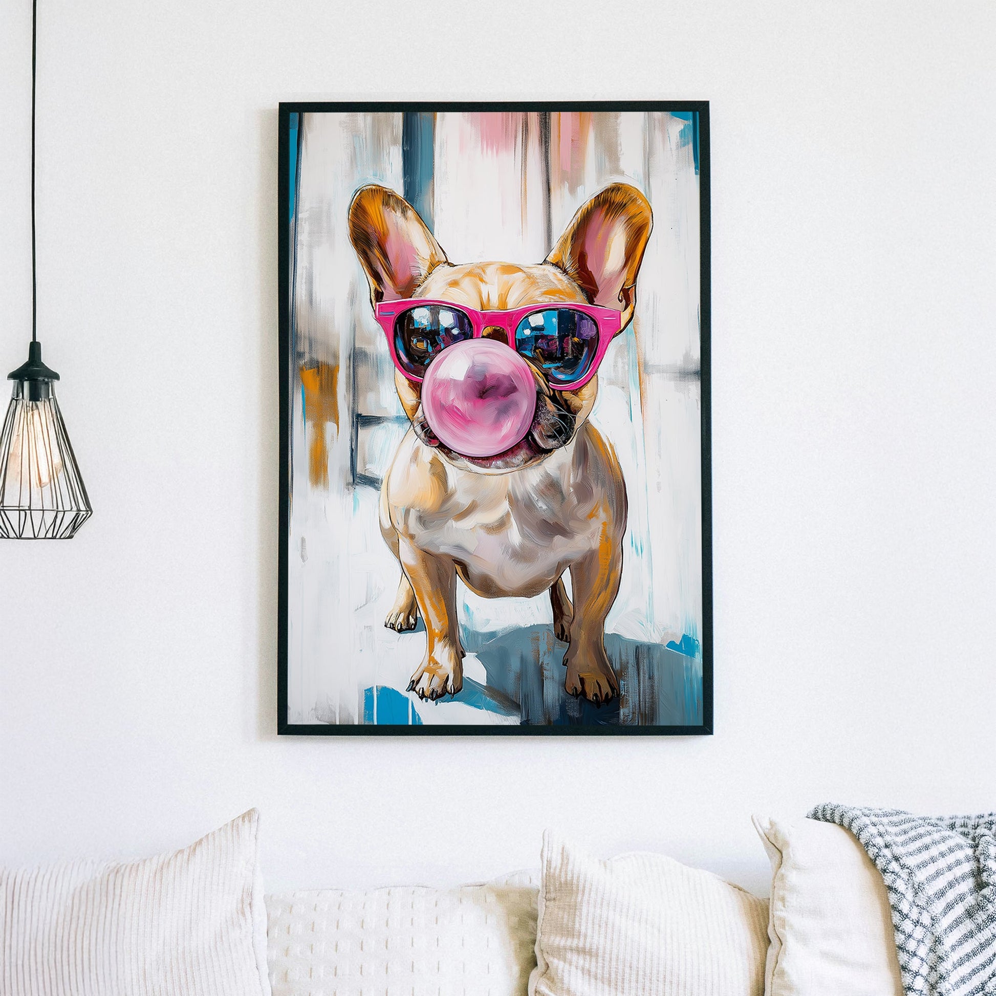 A fun and vibrant wall art print of a French Bulldog wearing pink sunglasses and blowing a large bubblegum bubble, set against an abstract blue and white background