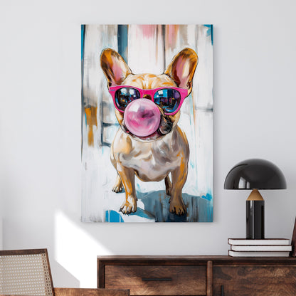 A fun and vibrant wall art print of a French Bulldog wearing pink sunglasses and blowing a large bubblegum bubble, set against an abstract blue and white background