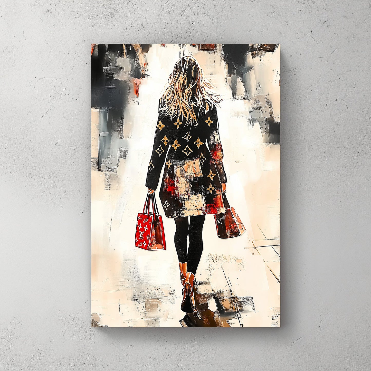 A chic, fashion-forward woman in a designer coat walks through an abstract cityscape, carrying matching red handbags, captured in a bold and stylish modern art wall art print