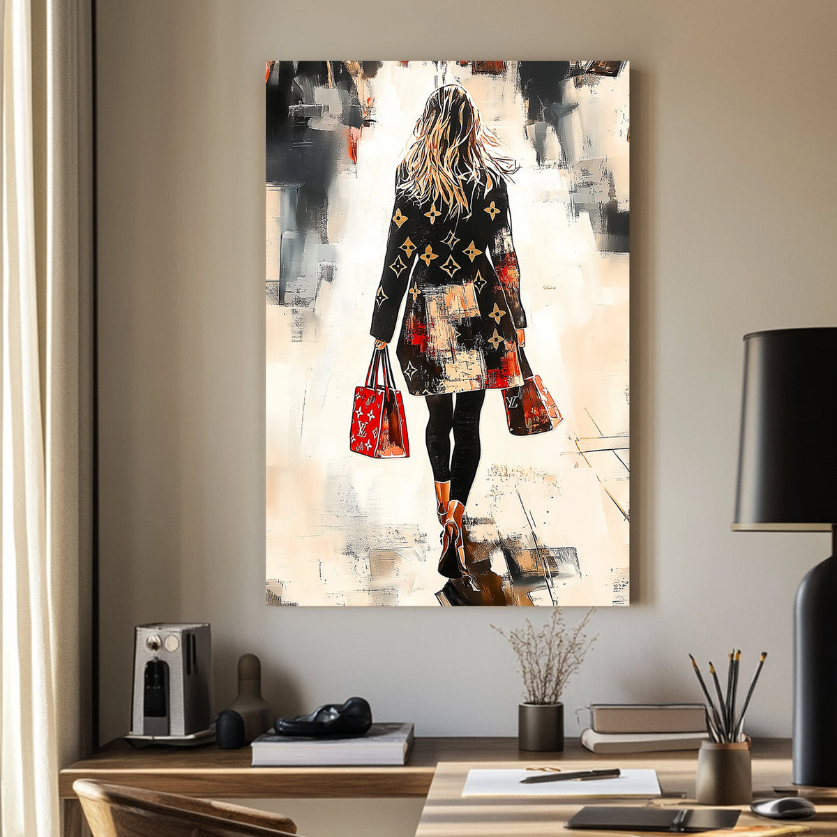A chic, fashion-forward woman in a designer coat walks through an abstract cityscape, carrying matching red handbags, captured in a bold and stylish modern art wall art print