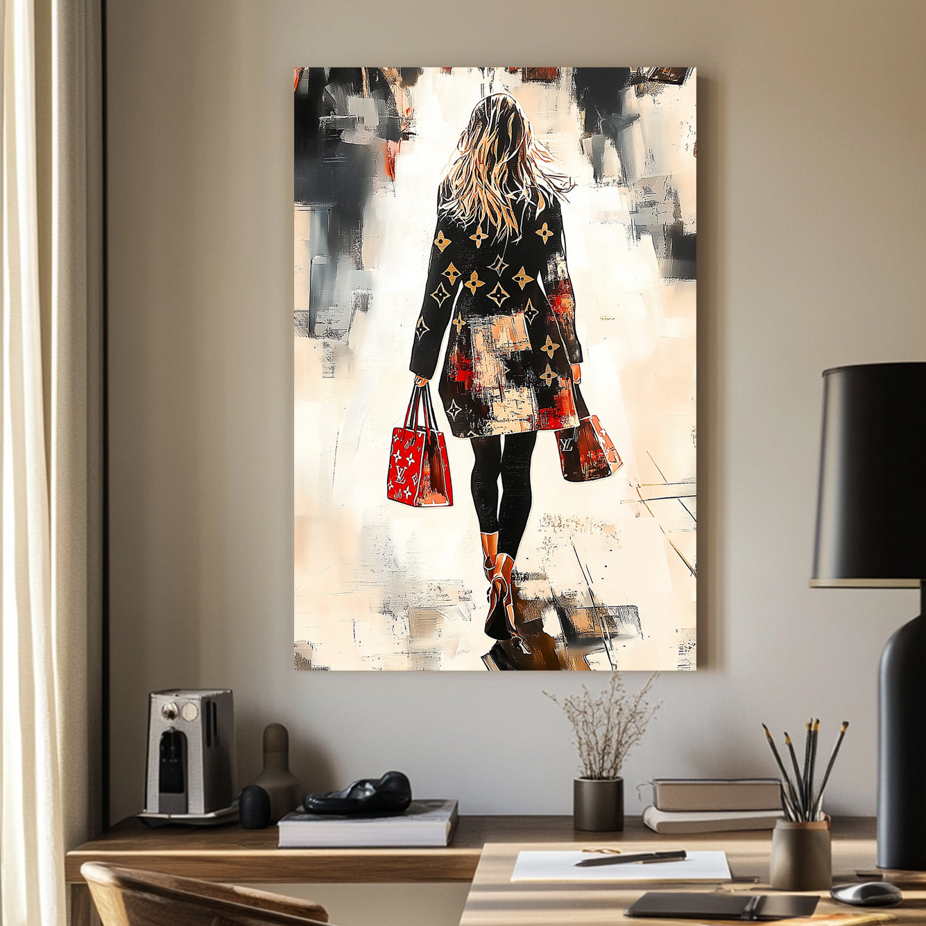 A chic, fashion-forward woman in a designer coat walks through an abstract cityscape, carrying matching red handbags, captured in a bold and stylish modern art wall art print