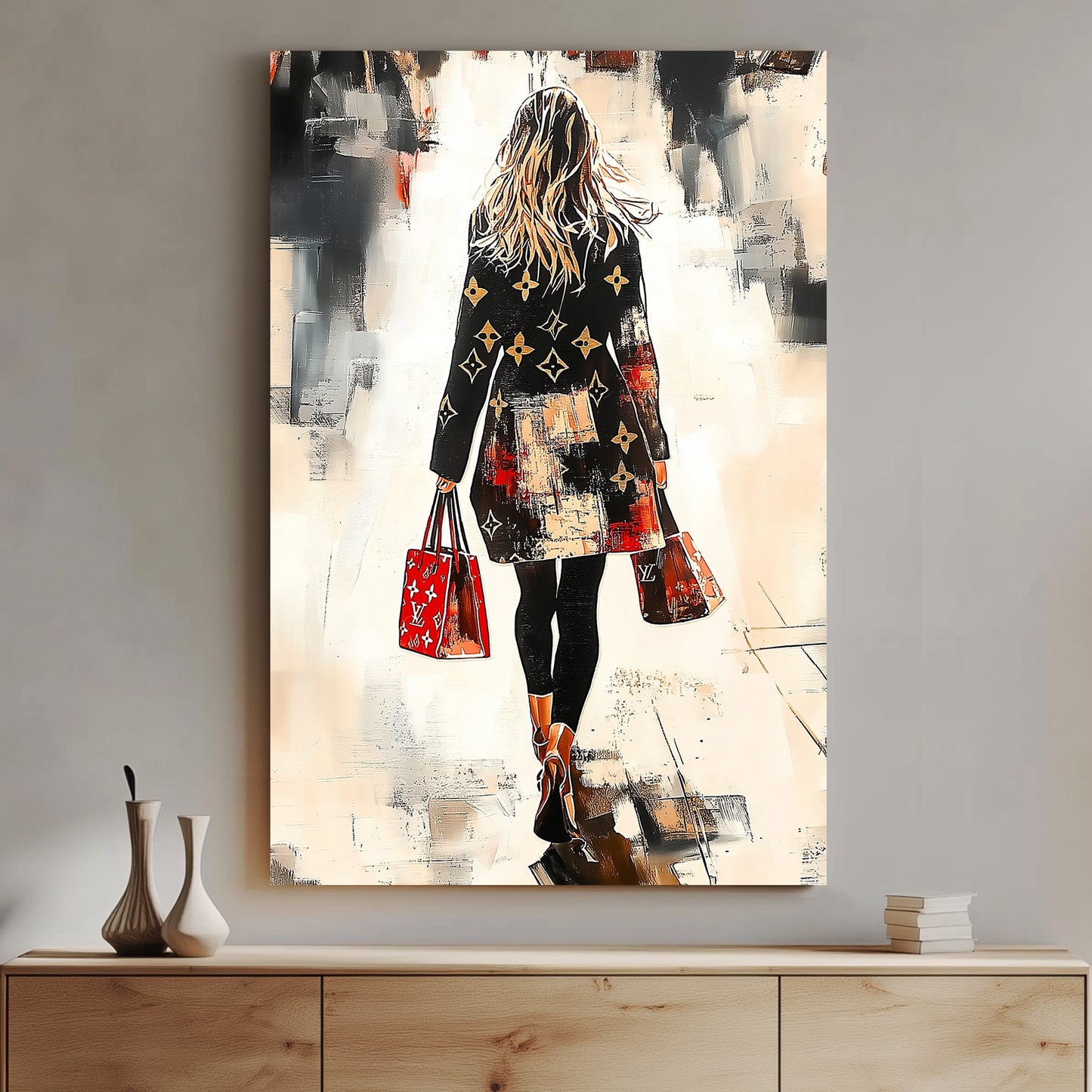 A chic, fashion-forward woman in a designer coat walks through an abstract cityscape, carrying matching red handbags, captured in a bold and stylish modern art wall art print