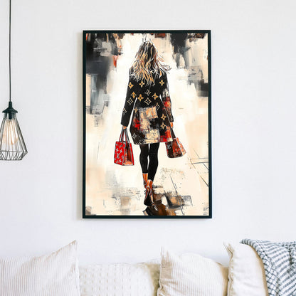 A chic, fashion-forward woman in a designer coat walks through an abstract cityscape, carrying matching red handbags, captured in a bold and stylish modern art wall art print