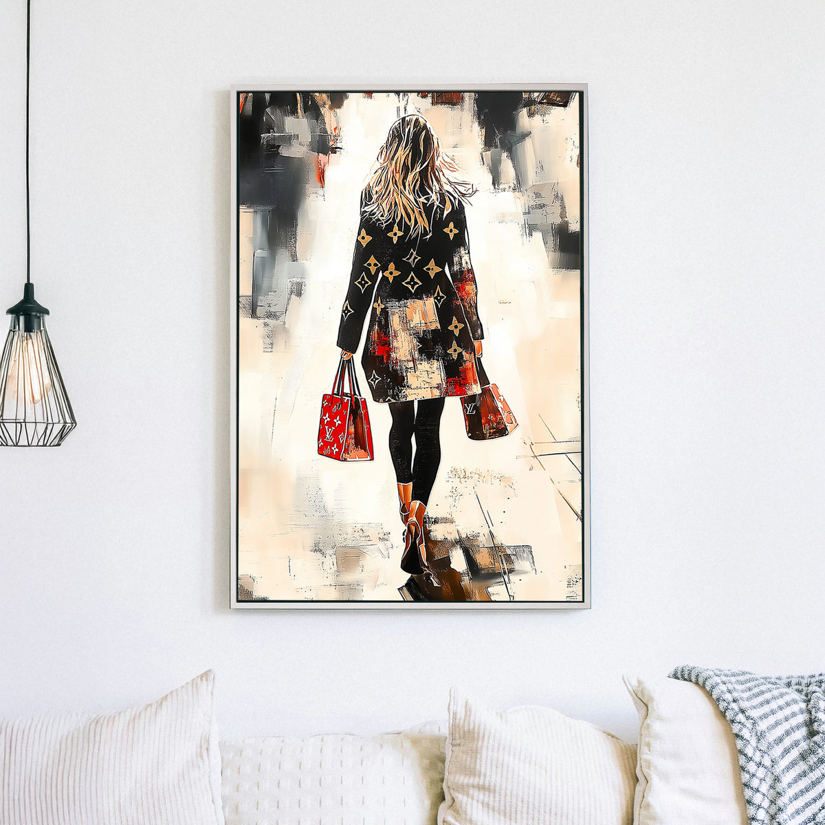 A chic, fashion-forward woman in a designer coat walks through an abstract cityscape, carrying matching red handbags, captured in a bold and stylish modern art wall art print