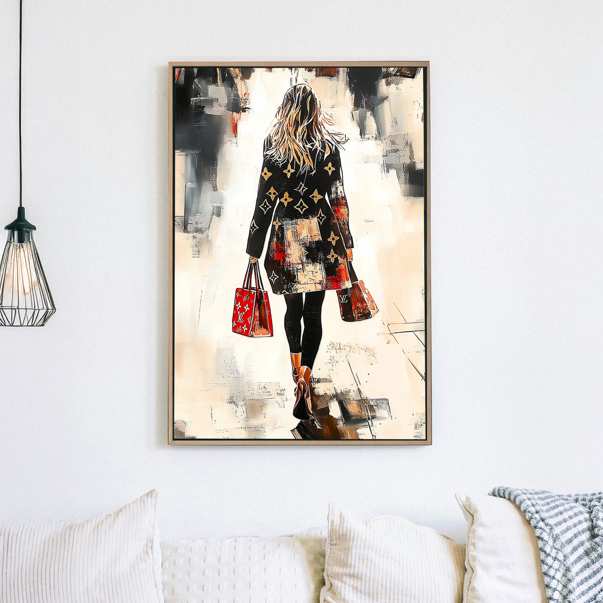 A chic, fashion-forward woman in a designer coat walks through an abstract cityscape, carrying matching red handbags, captured in a bold and stylish modern art wall art print