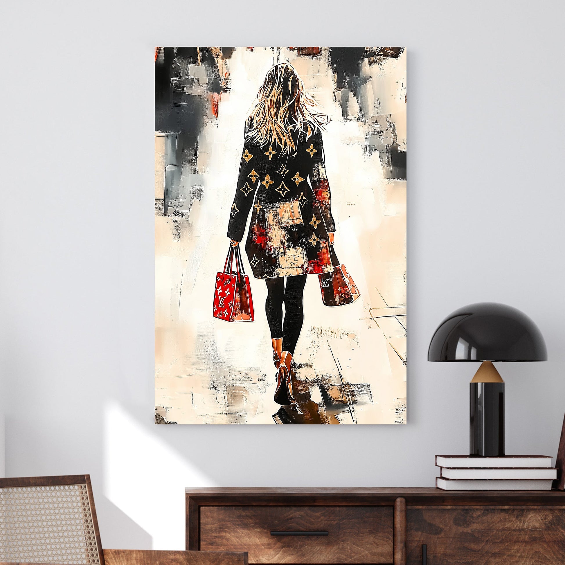 A chic, fashion-forward woman in a designer coat walks through an abstract cityscape, carrying matching red handbags, captured in a bold and stylish modern art wall art print