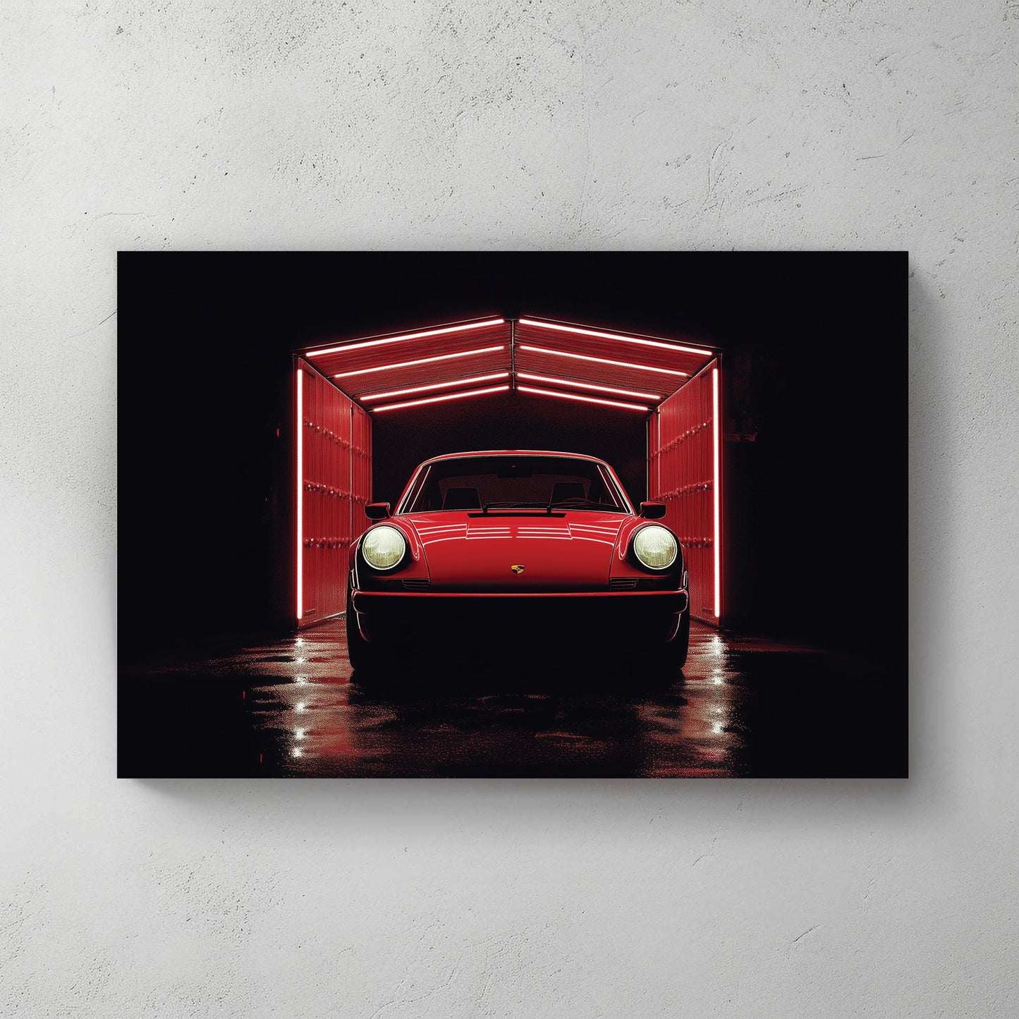 A classic red Porsche emerges from a neon-lit garage, with dramatic lighting accentuating its sleek design, creating a bold and modern automotive-inspired wall art print