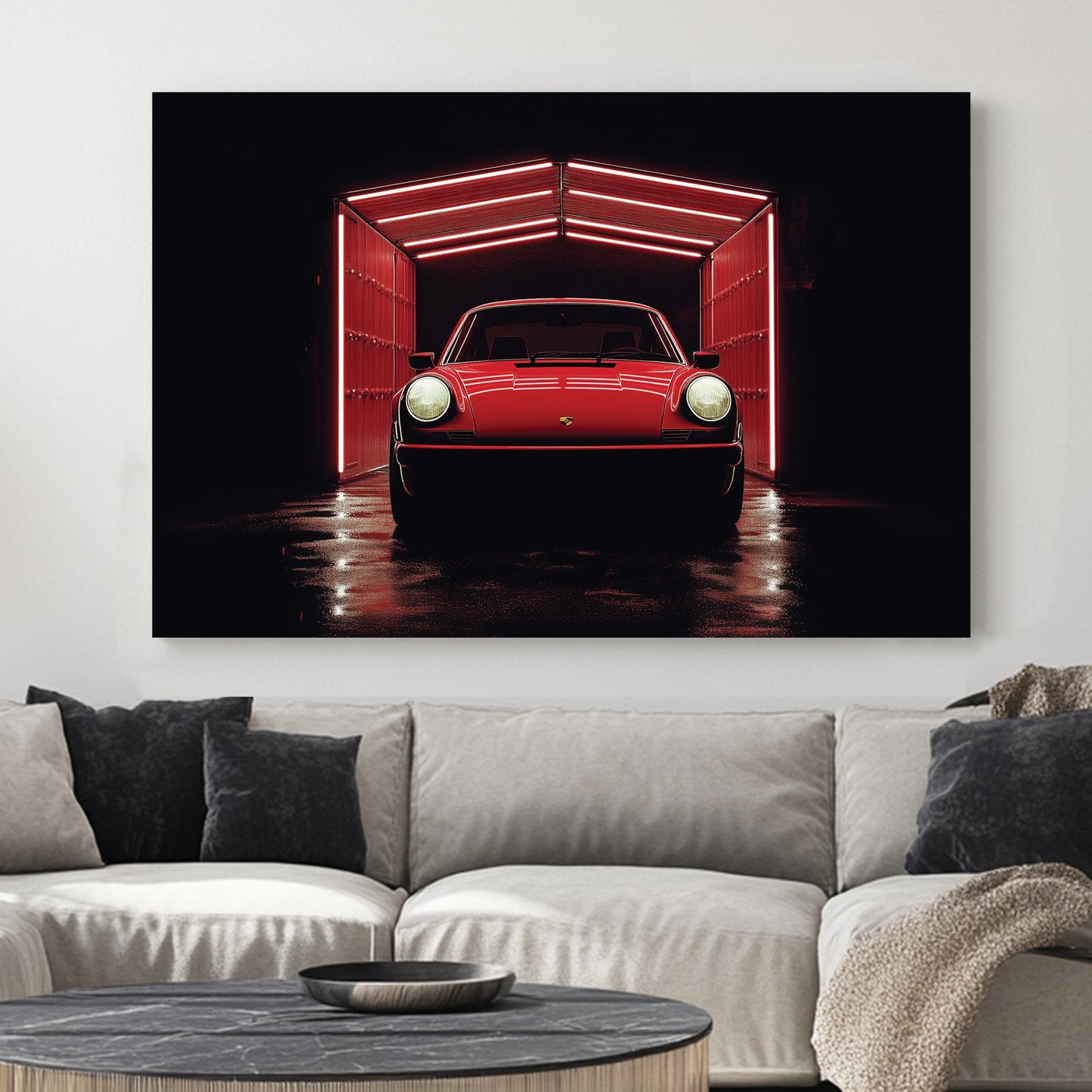 A classic red Porsche emerges from a neon-lit garage, with dramatic lighting accentuating its sleek design, creating a bold and modern automotive-inspired wall art print