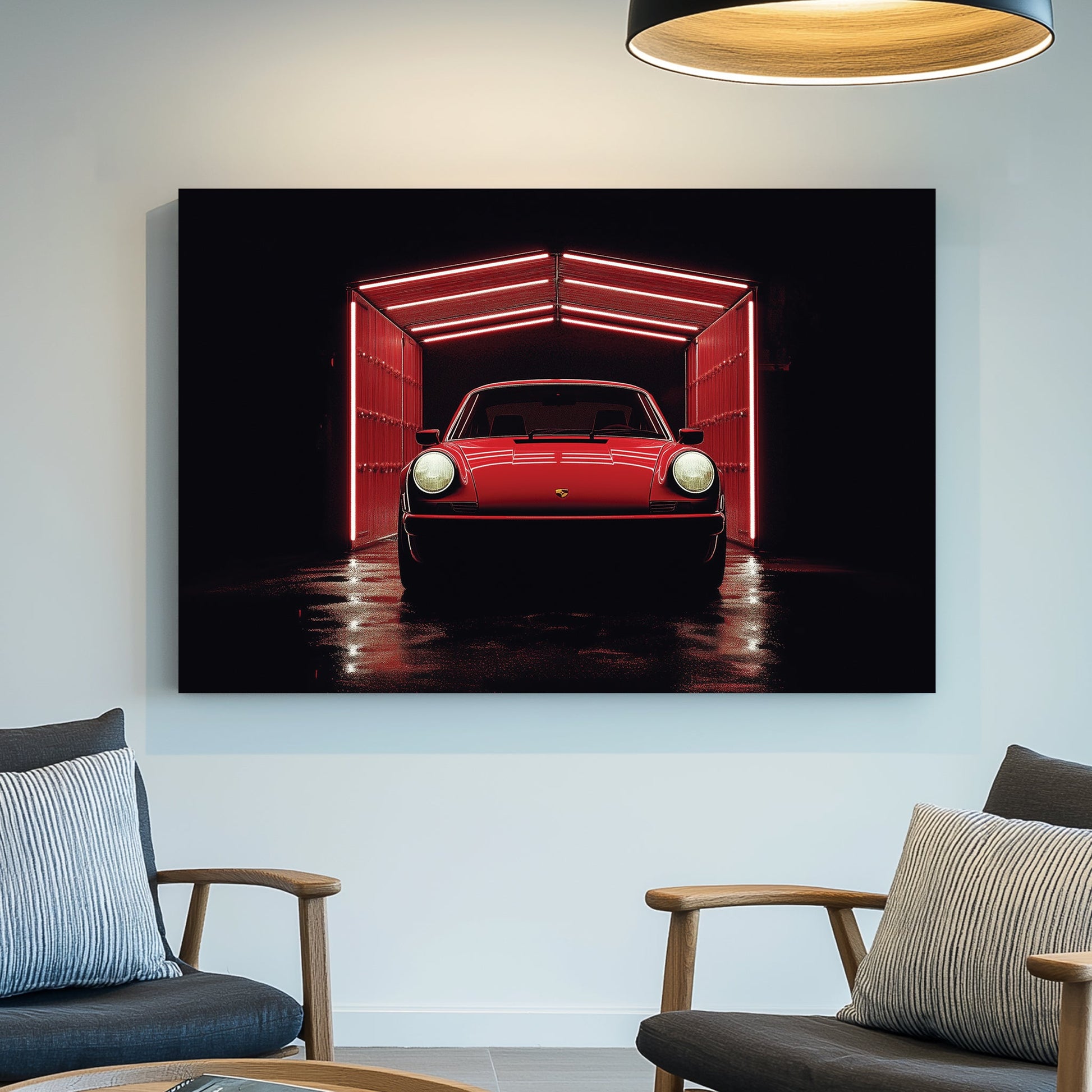 A classic red Porsche emerges from a neon-lit garage, with dramatic lighting accentuating its sleek design, creating a bold and modern automotive-inspired wall art print