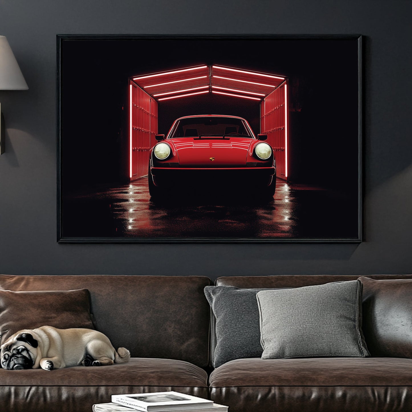 A classic red Porsche emerges from a neon-lit garage, with dramatic lighting accentuating its sleek design, creating a bold and modern automotive-inspired wall art print