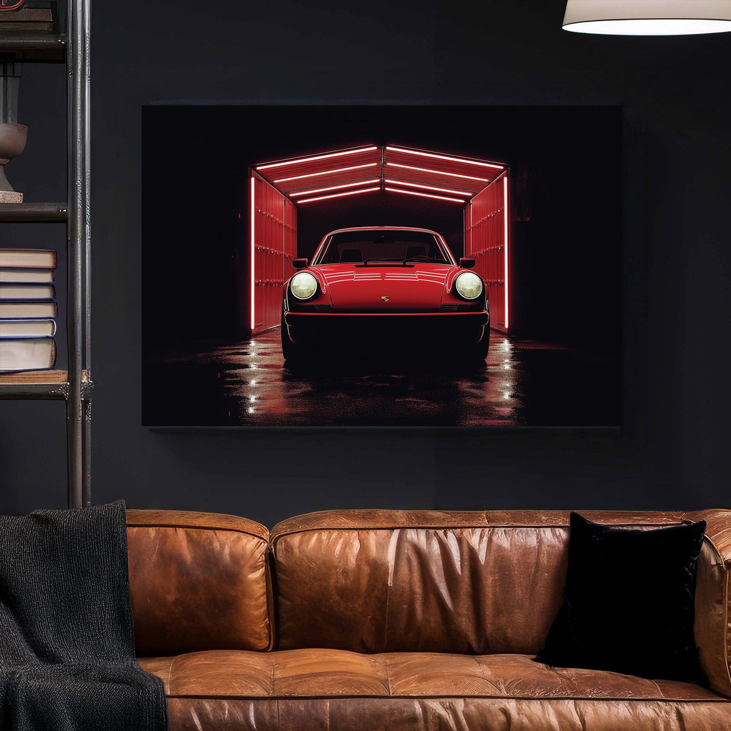 A classic red Porsche emerges from a neon-lit garage, with dramatic lighting accentuating its sleek design, creating a bold and modern automotive-inspired wall art print