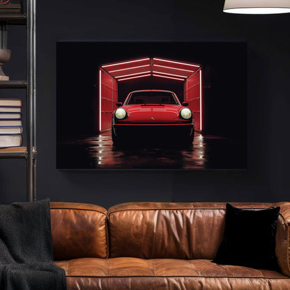 A classic red Porsche emerges from a neon-lit garage, with dramatic lighting accentuating its sleek design, creating a bold and modern automotive-inspired wall art print