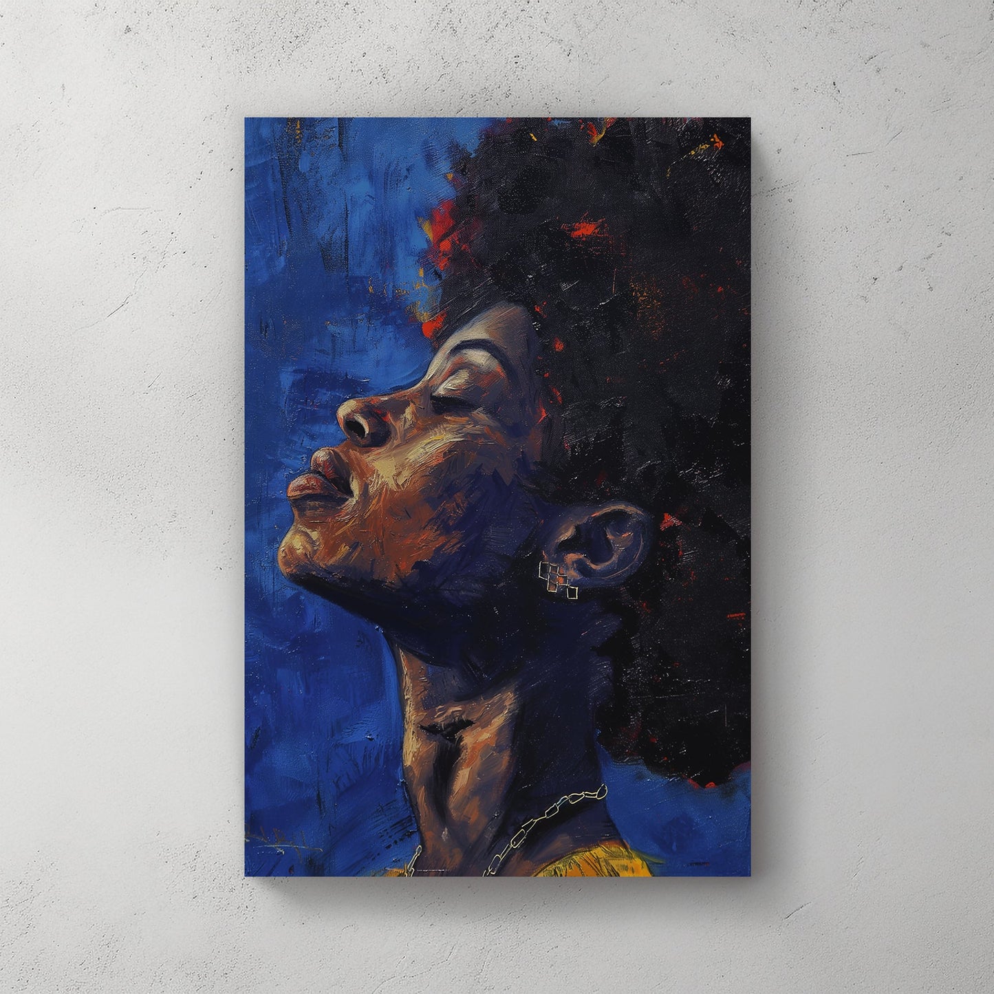 A striking wall art print of a woman with her head tilted back, eyes closed, immersed in deep blue tones with rich brushstrokes and warm, earthy highlights