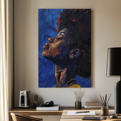 A striking wall art print of a woman with her head tilted back, eyes closed, immersed in deep blue tones with rich brushstrokes and warm, earthy highlights