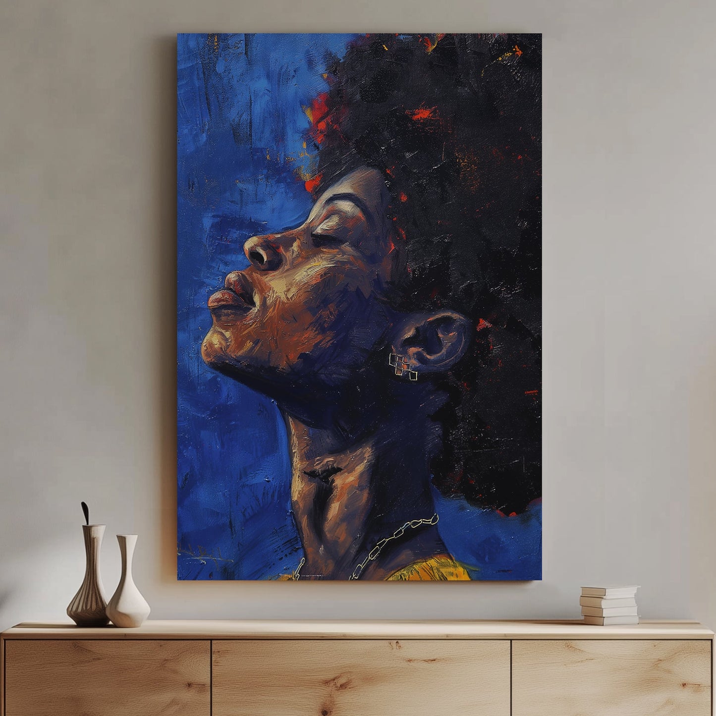 A striking wall art print of a woman with her head tilted back, eyes closed, immersed in deep blue tones with rich brushstrokes and warm, earthy highlights