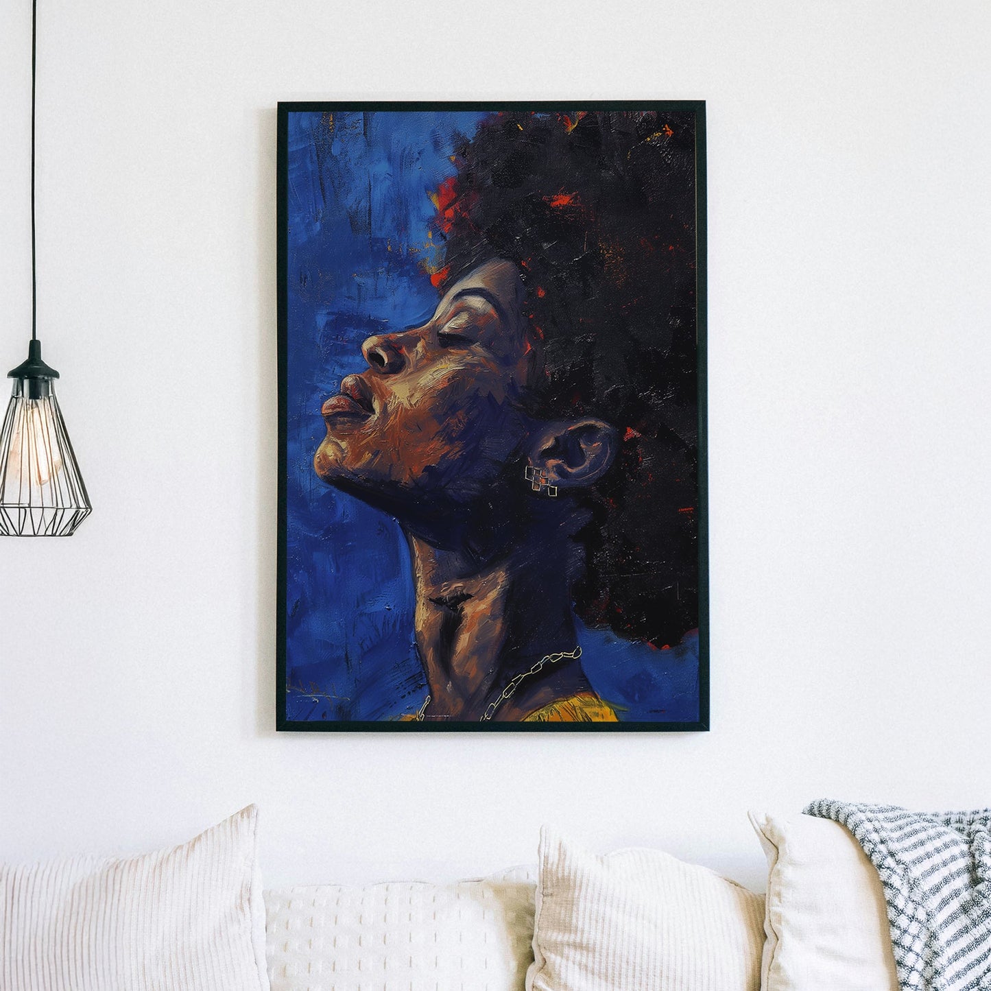 A striking wall art print of a woman with her head tilted back, eyes closed, immersed in deep blue tones with rich brushstrokes and warm, earthy highlights