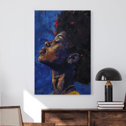 A striking wall art print of a woman with her head tilted back, eyes closed, immersed in deep blue tones with rich brushstrokes and warm, earthy highlights