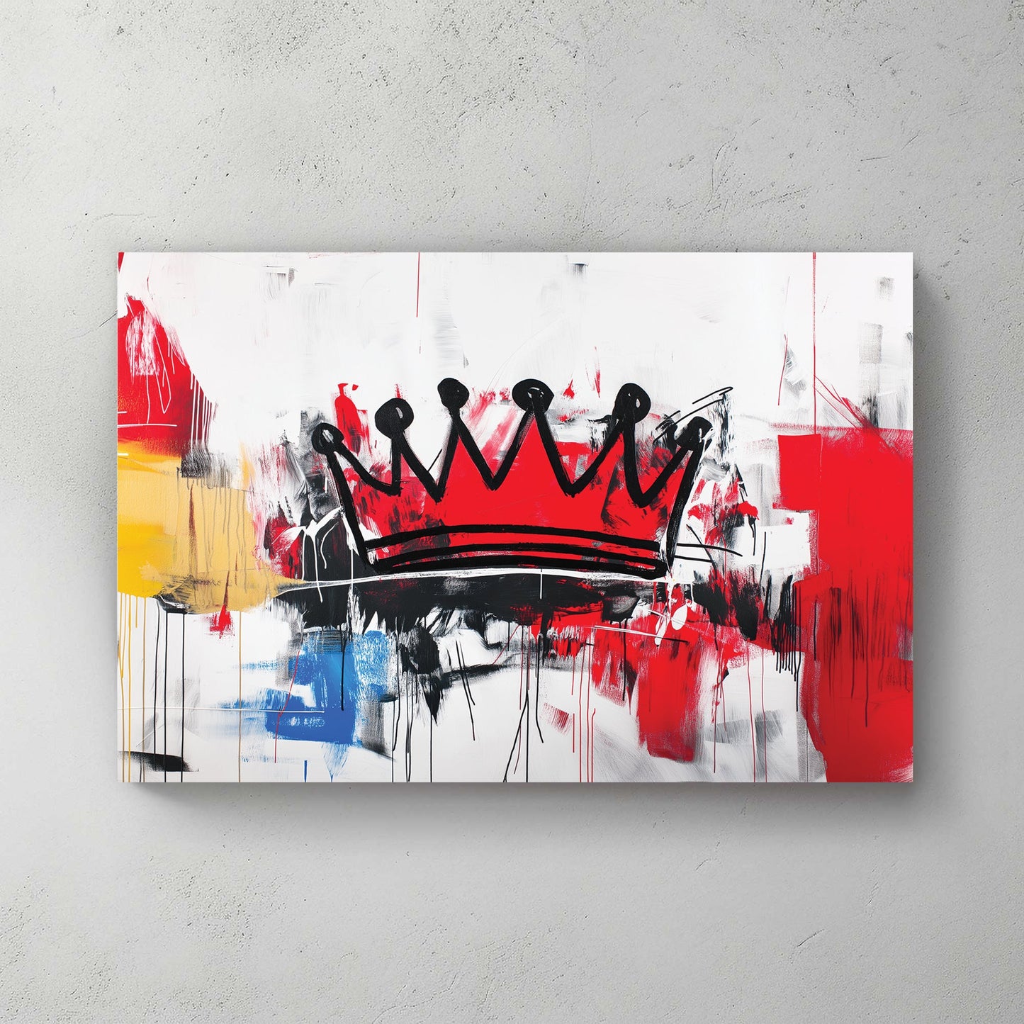 A bold abstract graffiti wall art print featuring a black crown against a chaotic mix of red, black, white, and yellow brushstrokes with a raw urban aesthetic