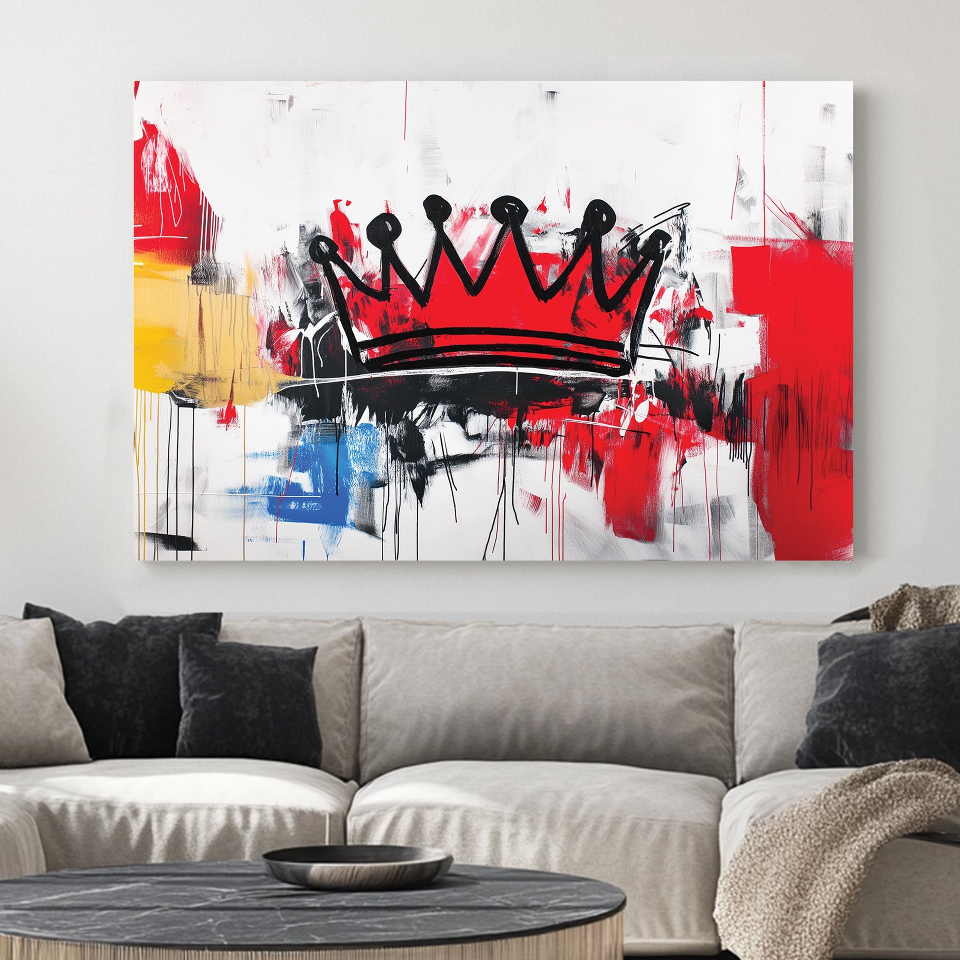 A bold abstract graffiti wall art print featuring a black crown against a chaotic mix of red, black, white, and yellow brushstrokes with a raw urban aesthetic