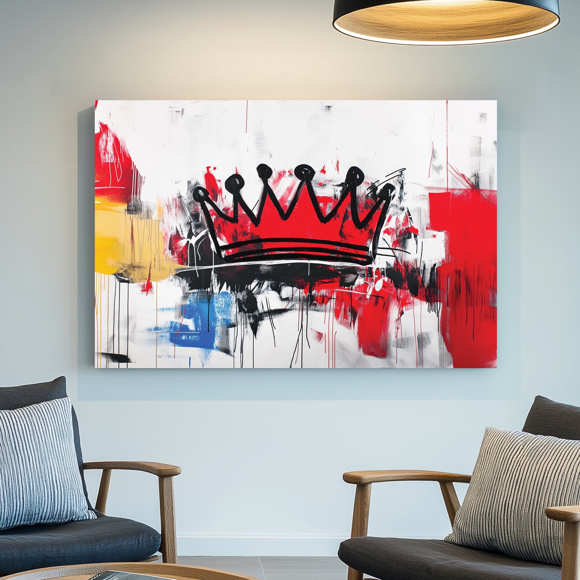 A bold abstract graffiti wall art print featuring a black crown against a chaotic mix of red, black, white, and yellow brushstrokes with a raw urban aesthetic