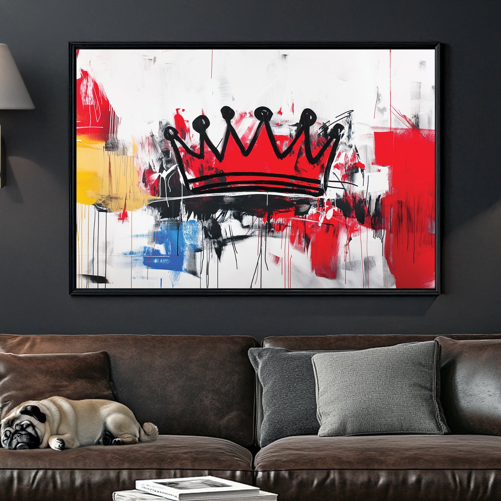 A bold abstract graffiti wall art print featuring a black crown against a chaotic mix of red, black, white, and yellow brushstrokes with a raw urban aesthetic