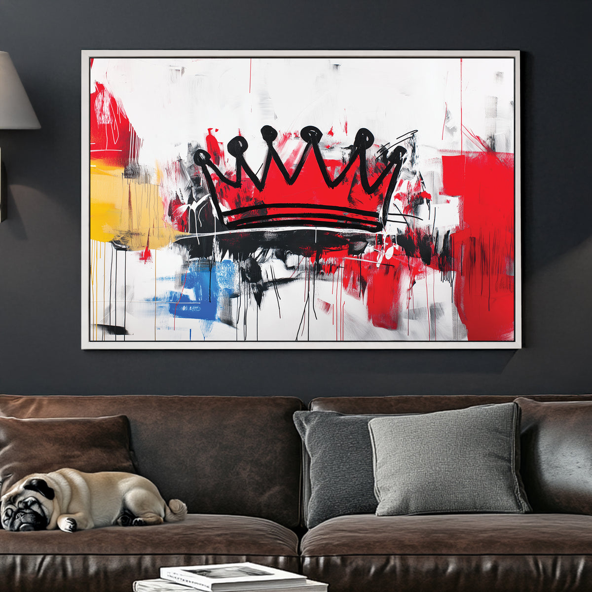 A bold abstract graffiti wall art print featuring a black crown against a chaotic mix of red, black, white, and yellow brushstrokes with a raw urban aesthetic