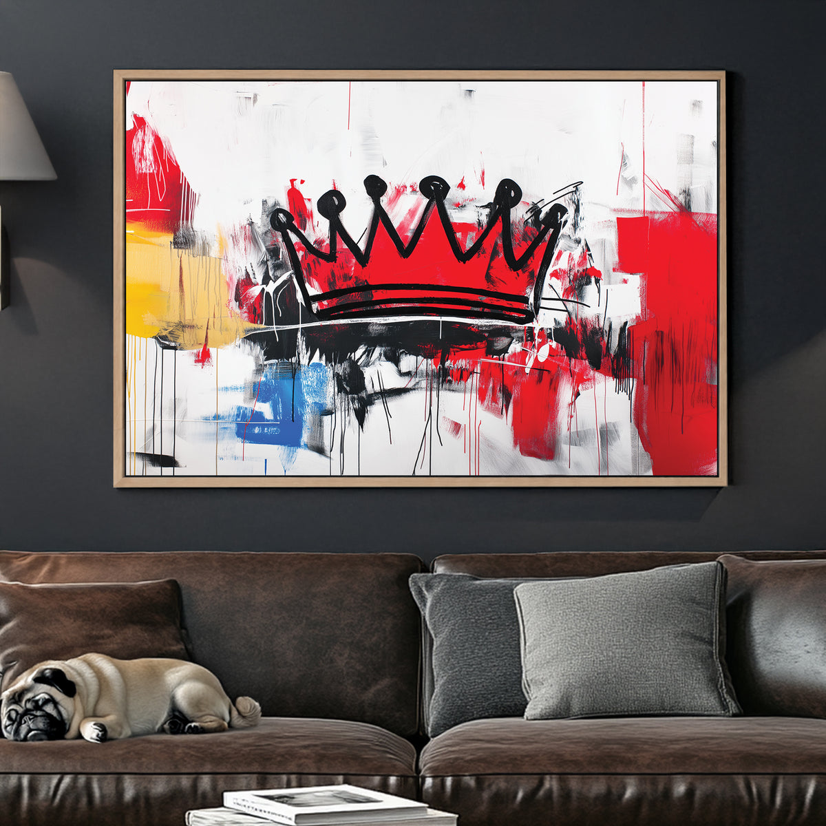 A bold abstract graffiti wall art print featuring a black crown against a chaotic mix of red, black, white, and yellow brushstrokes with a raw urban aesthetic
