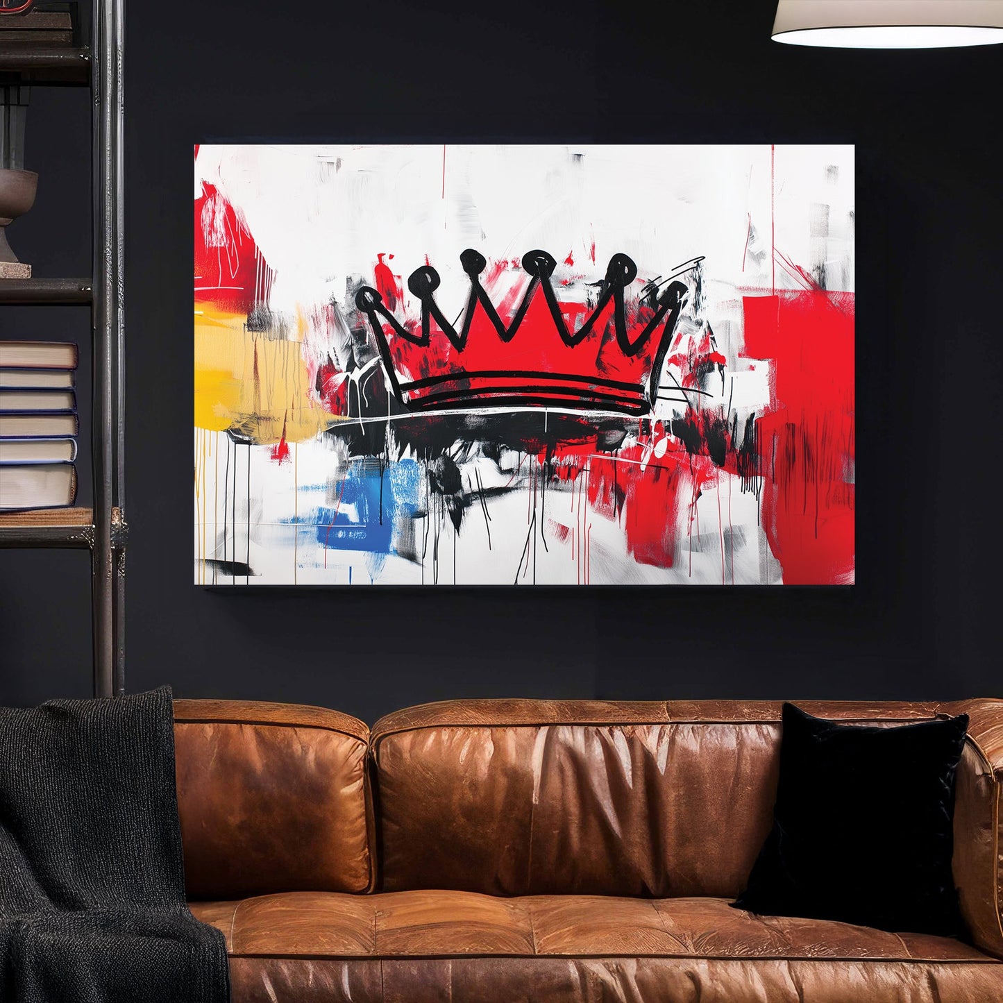 A bold abstract graffiti wall art print featuring a black crown against a chaotic mix of red, black, white, and yellow brushstrokes with a raw urban aesthetic