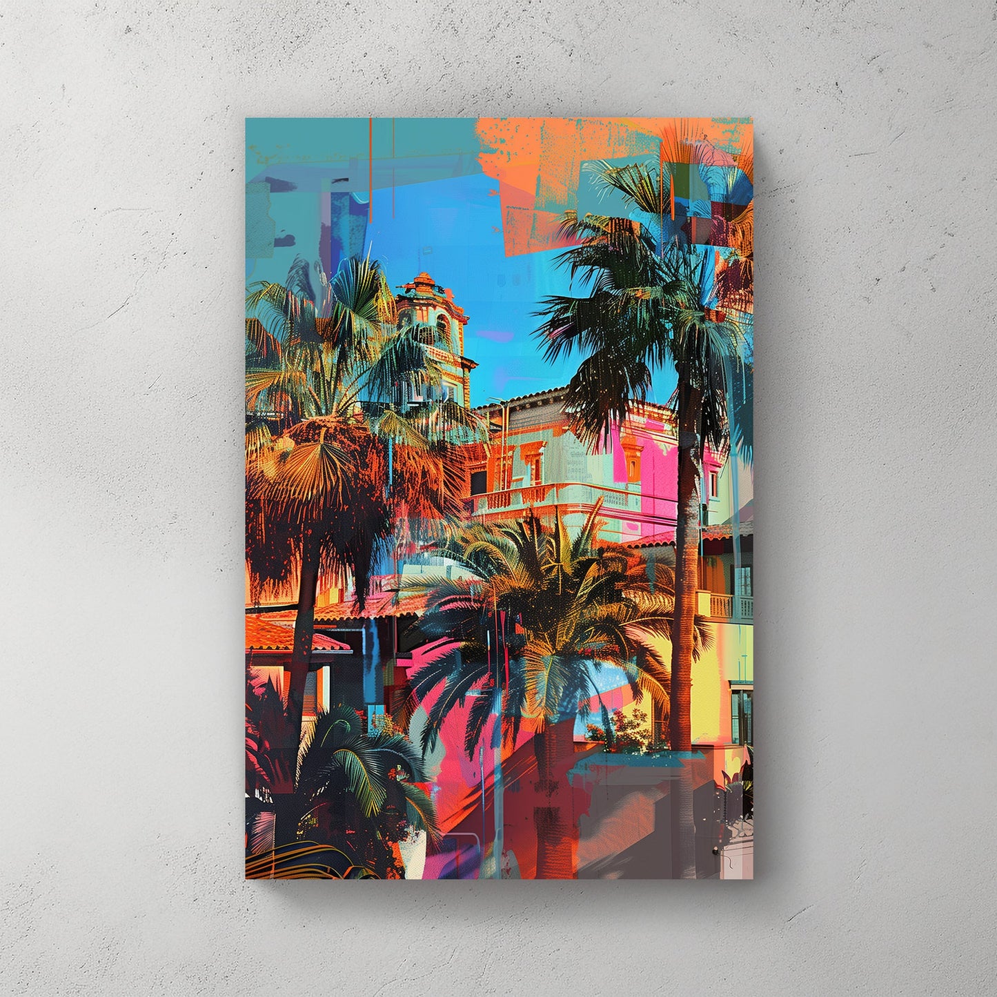 A vibrant contemporary wall art print featuring palm trees and a Mediterranean villa overlaid with bright turquoise, orange, and pink graffiti-style textures