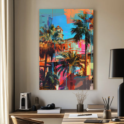 A vibrant contemporary wall art print featuring palm trees and a Mediterranean villa overlaid with bright turquoise, orange, and pink graffiti-style textures