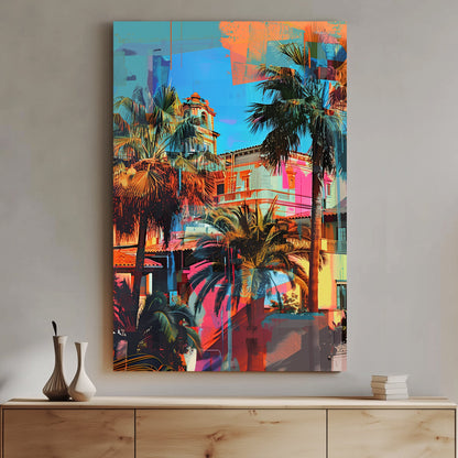 A vibrant contemporary wall art print featuring palm trees and a Mediterranean villa overlaid with bright turquoise, orange, and pink graffiti-style textures