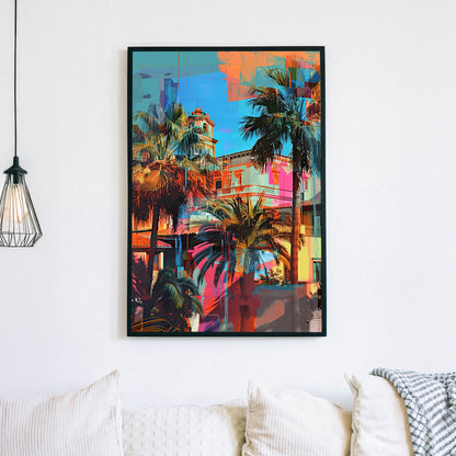 A vibrant contemporary wall art print featuring palm trees and a Mediterranean villa overlaid with bright turquoise, orange, and pink graffiti-style textures