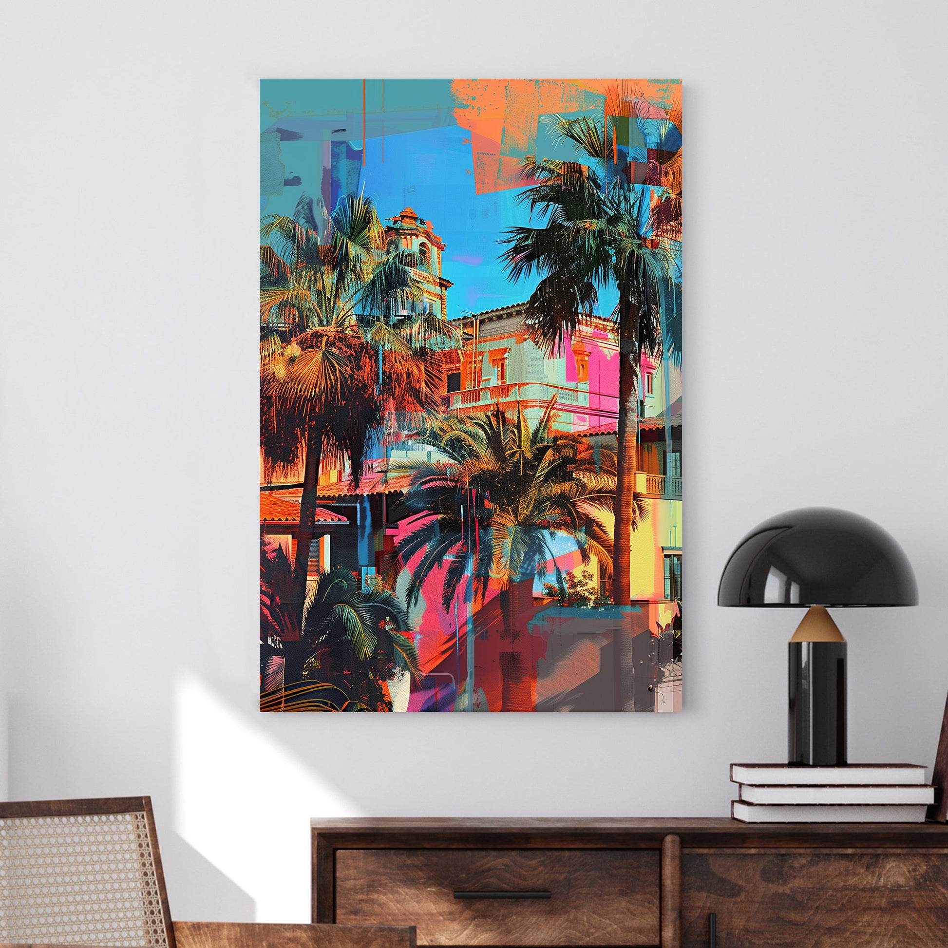 A vibrant contemporary wall art print featuring palm trees and a Mediterranean villa overlaid with bright turquoise, orange, and pink graffiti-style textures