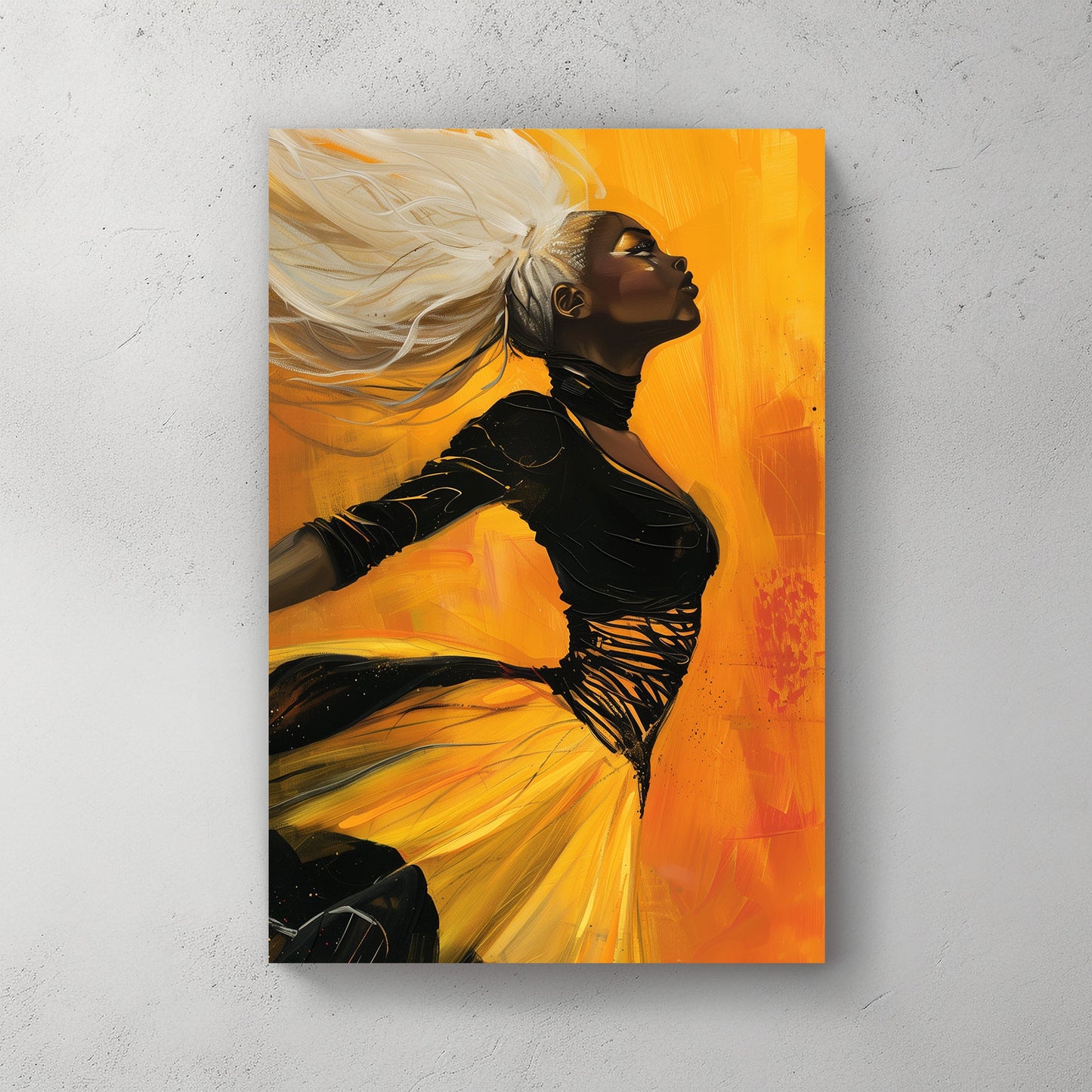 A striking contemporary wall art print of a woman with flowing platinum hair in motion against a radiant golden background, exuding confidence and power