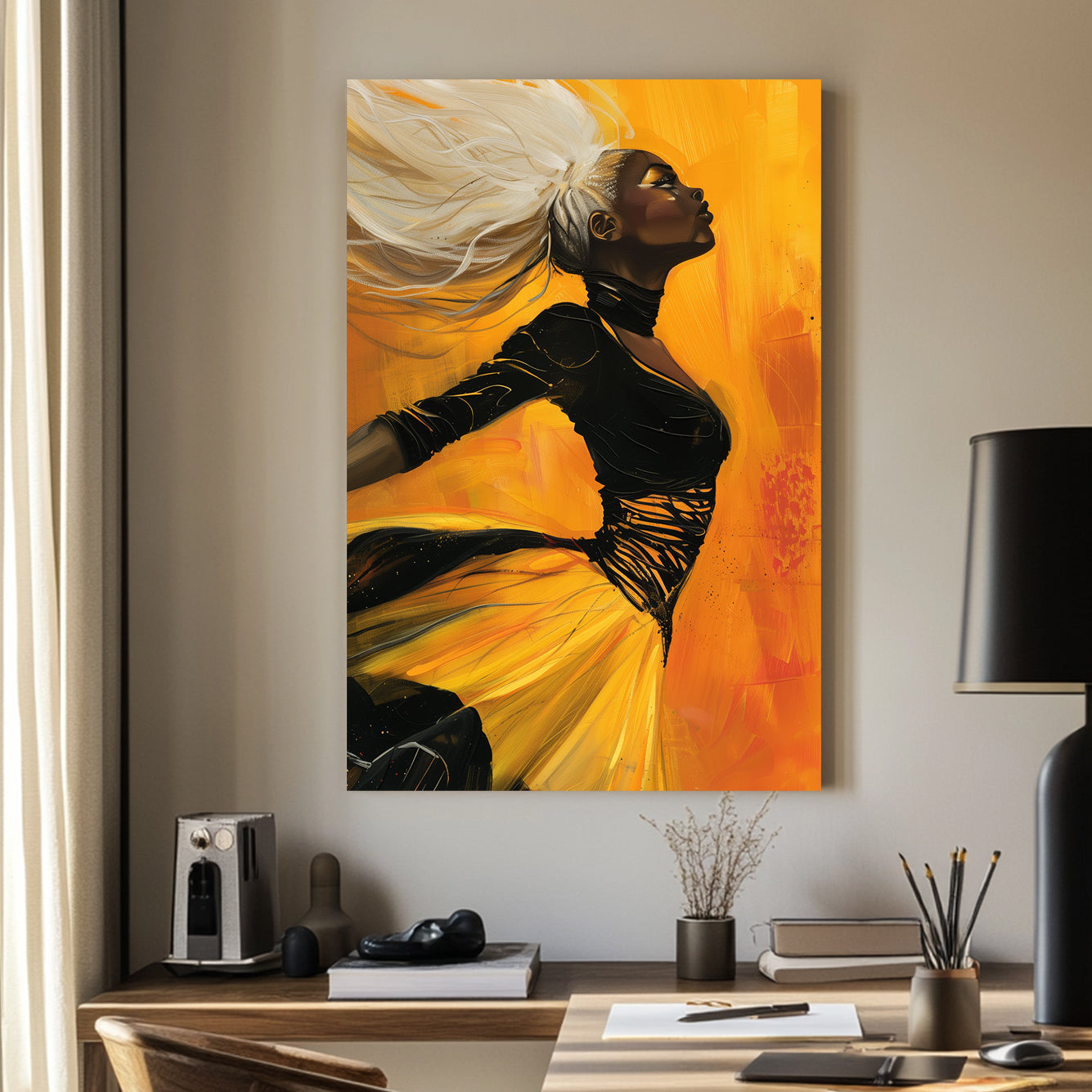 A striking contemporary wall art print of a woman with flowing platinum hair in motion against a radiant golden background, exuding confidence and power